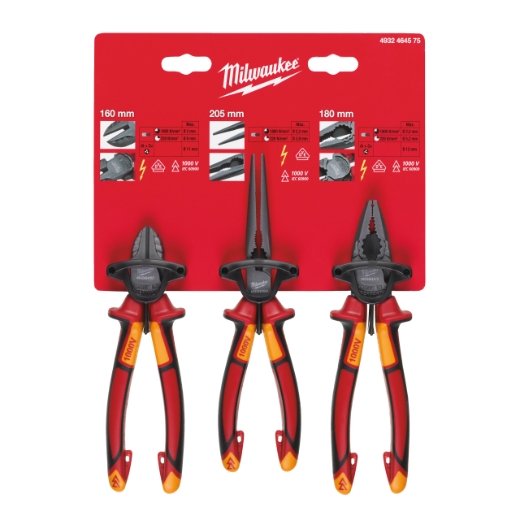 MILWAUKEE Seitenschneider 160 mm, Langbeck-Rundzange, Kombizange 180 mm Zangenset 3-teilig, VDE geprüft