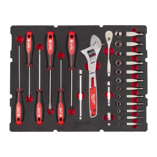 MILWAUKEE 35-teilige Einlage für PACKOUT Koffer mit Schubladen 1/4" Ratschen- u. Steckschlüsseleinsätze, Tri-Lobe-Schraubendreher & Rollgabelschlüssel Einlage
