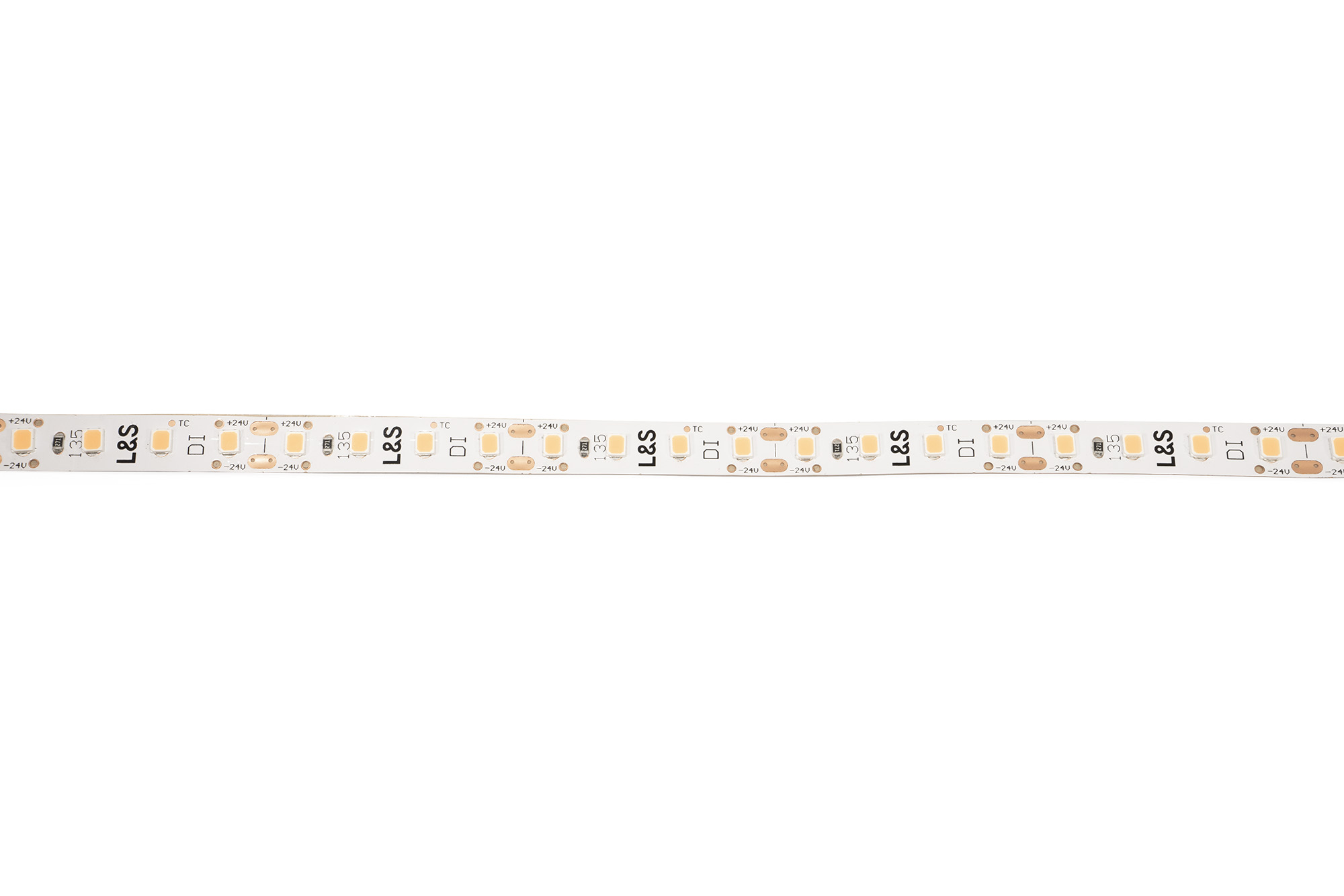 L&S LED-Band HE 112LEDs/m (2835), 2700K, 4 LEDs/35,7mm, 24DC, 6,3W/m, 8mmx50m, white PCB, IP20