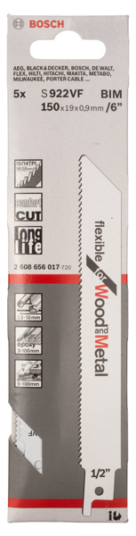 BOSCH Säbelsägeblatt S 922 VF, Flexible for Wood and Metal, 5er-Pack