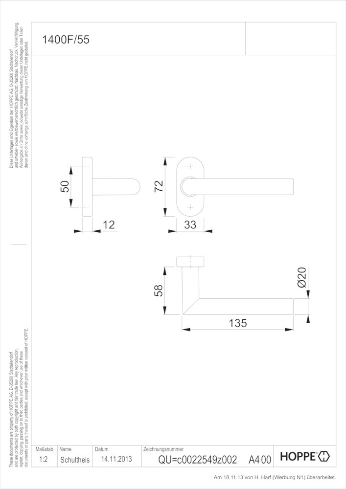 HOPPE® Drücker-Halbgarnitur ohne Schlüsselrosette Amsterdam 1400F/55, VK10, ohne Stütznocken, Aluminium, 11738480