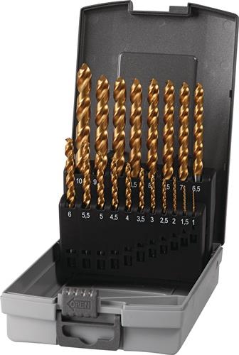 TECWERK Spiralbohrersatz DIN 338 Typ UNI D.1-10x0,5mm HSS-Co TiN 19-tlg.Ku.-Kass.TECWERK