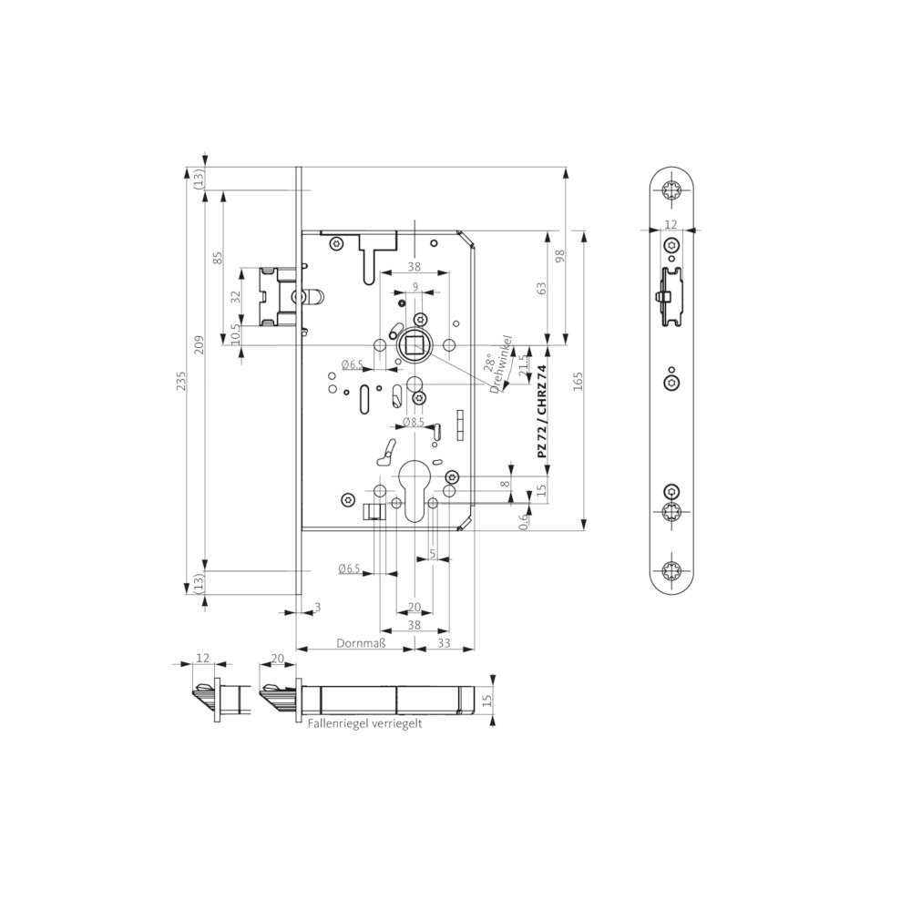 BKS Selbstverriegelndes-Panik-Einsteckschloss B-2116, rund, 9/72 mm, Edelstahl BKS Selbstverriegelndes-Panik-Einsteckschloss B-2116, rund, 9/72 mm, Edelstahl