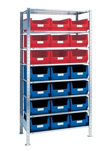 Nordwest Steckregal H2000xB1000xT500mm Grundregal 8 Stahlböden 12 x MK2 blau,9 x MK2 rot