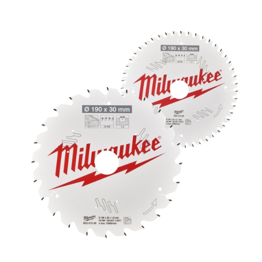 MILWAUKEE 190/30 mm Z24 Wechselzahn u. 190/30 mm Z48 Wechselzahn Kreissägeblatt Holz für Handkreissägen Doppelpack