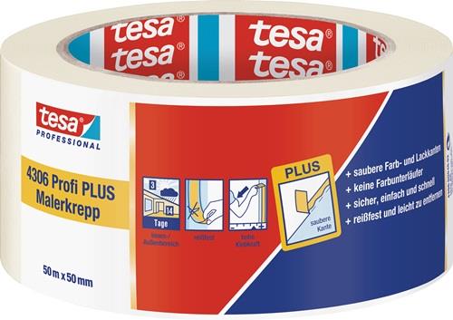 TESA Malerkreppband 4306 Profi PLUS leicht gekreppt hellbeige L.50m B.50mm Rl.TESA