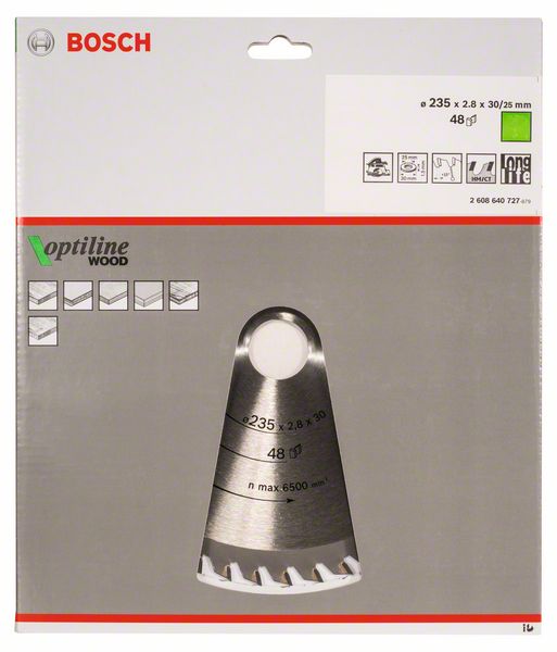 BOSCH Kreissägeblatt Optiline Wood für Handkreissägen, 235 x 30/25 x 2,8 mm, 48