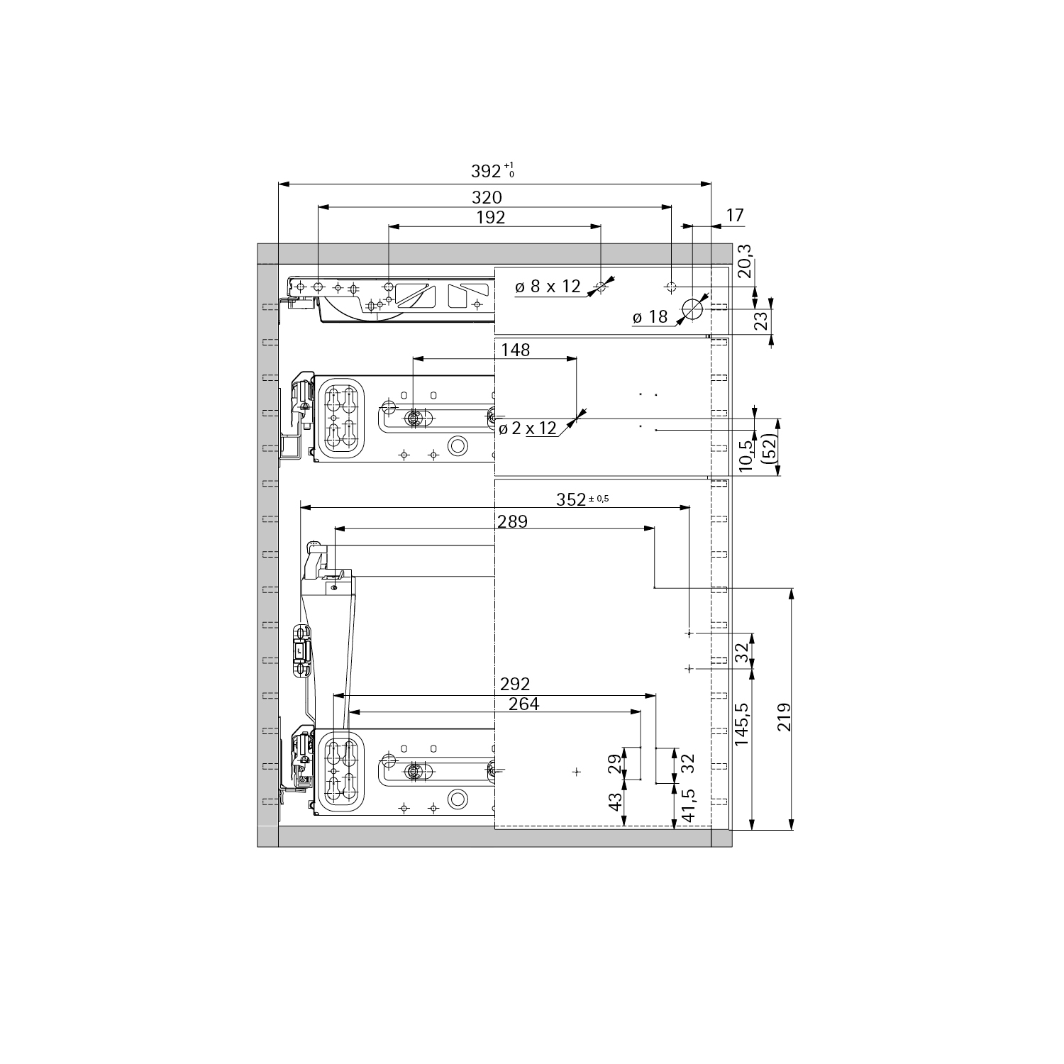HETTICH Konstruktionszeichnung KA 270 / Quadro 12 / Duplex 45, 75946