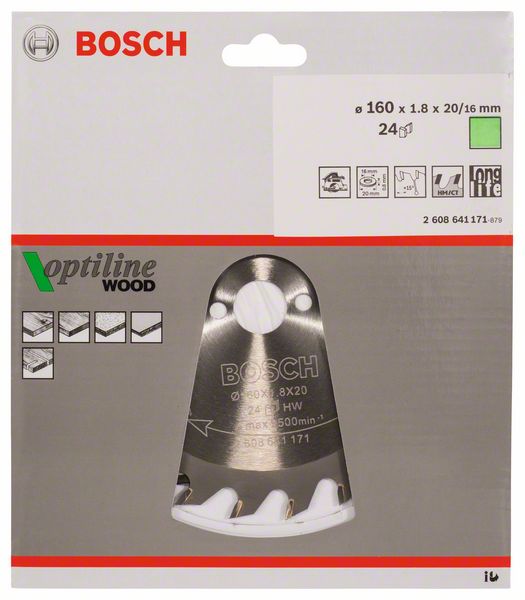 BOSCH Kreissägeblatt Optiline Wood für Handkreissägen, 160 x 20/16 x 1,8 mm, 24