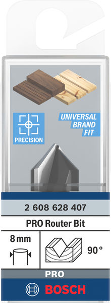 BOSCH V-Nutfräser Standard for Wood mit 8 mm Schaft, D1 16 mm, L 16 mm, G 45 mm, 90°