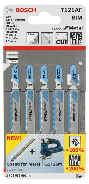 BOSCH Stichsägeblatt T 121 AF Speed for Metal, 5er-Pack, Bleche