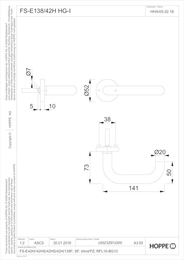 HOPPE® FH AP Drücker-Halbgarnitur ohne Schlüsselrosette Paris FS-E138/42H, Edelstahl, 11911585