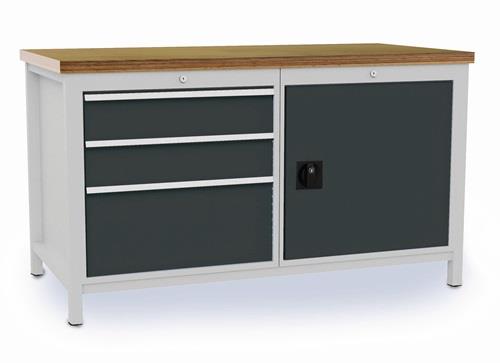 Nordwest Werkbank grau lichtgrau B1500xH859xT750mm Buche Multiplex 40mm 3 Schubl.1 Tür