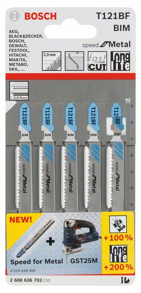 BOSCH Stichsägeblatt T 121 BF Speed for Metal, 5er-Pack, Bleche