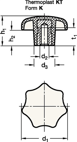 GANTER Sterngriff DIN 6336 m.Gewindebuchse Ku.d1 32mm d2 M 6mm