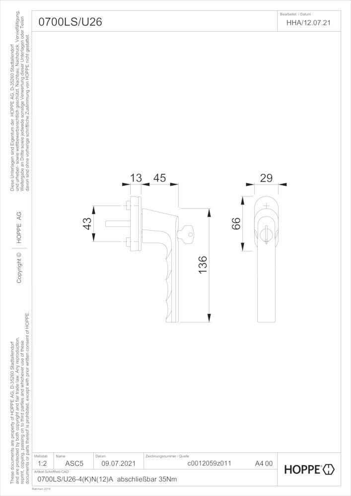 HOPPE® Fenstergriff abschließbar Hamburg 0700LS/U26, mit Schrauben, Aluminium, 11950225 HOPPE® Fenstergriff abschließbar Hamburg 0700LS/U26, mit Schrauben, Aluminium, 11950225