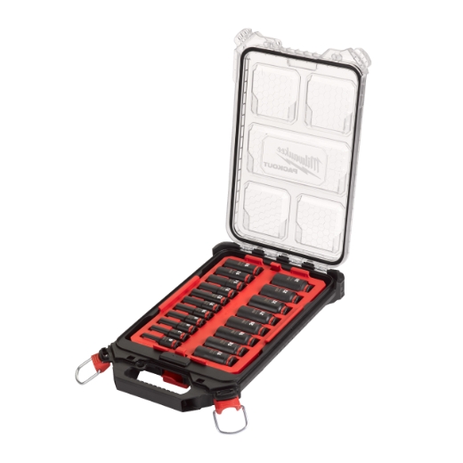 MILWAUKEE 19-teiliges Set im PACKOUT Organiser Slim Compact SHOCKWAVE Schlagnuss 3/8" lang Set
