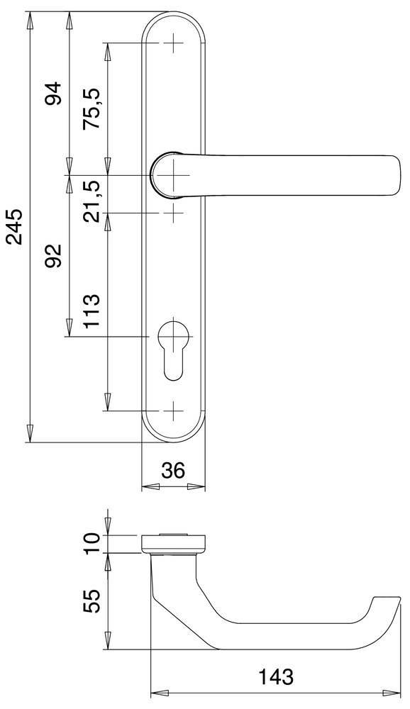 EDI Drücker-Halbgarnitur mit Langschild Kronos 1200/0235, Aluminium