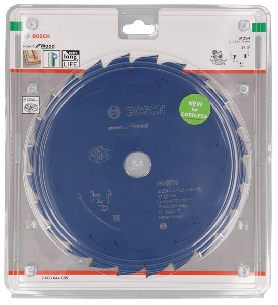 BOSCH Kreissägeblatt für Akkusägen Expert for Wood, 254 x 2,1/1,6 x 30, 24 Zähne