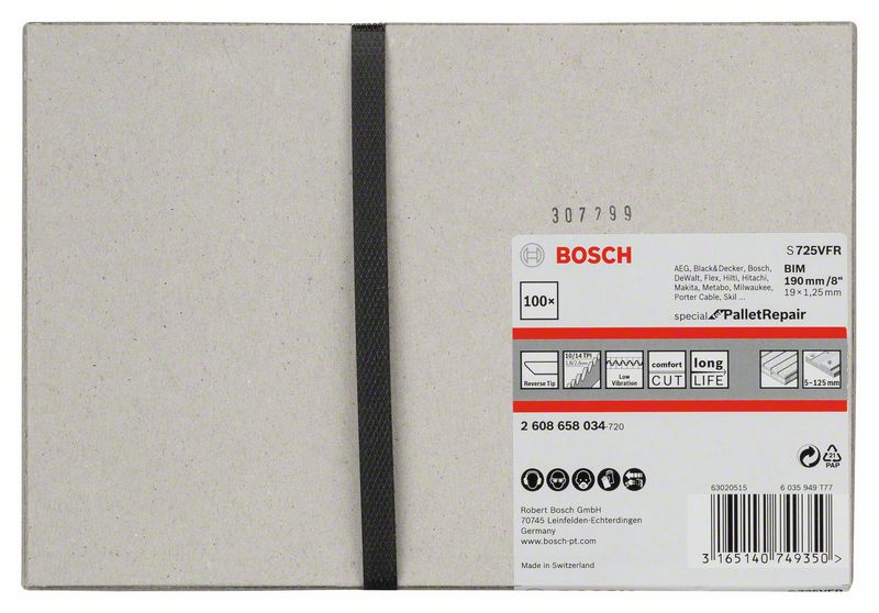 BOSCH Säbelsägeblatt S 725 VFR, Special for Pallet Repair, 190 mm, 1,25 mm, 100er-Pack