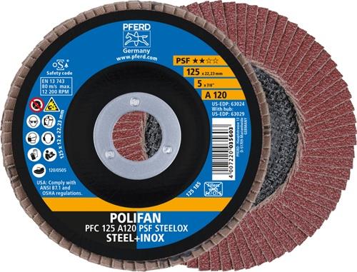 PFERD Fächerscheibe POLIFAN A PSF STEELOX D.125mm K.120 kon.Stahl/Holz Korund A PFERD