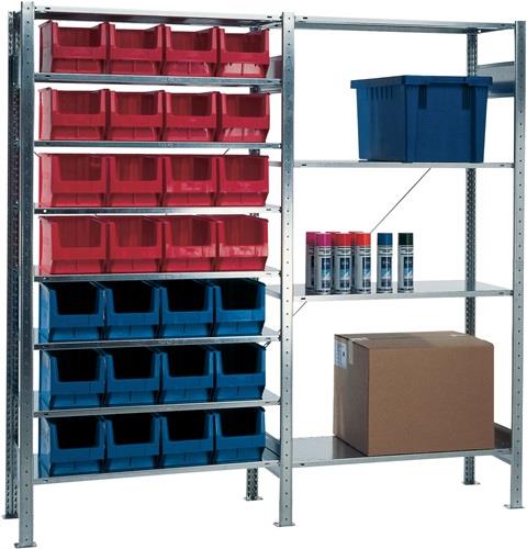 Nordwest Steckregal H2000xB1000xT400mm Anbauregal 8 Stahlböden 12 x MK3 blau,16 x MK3 rot
