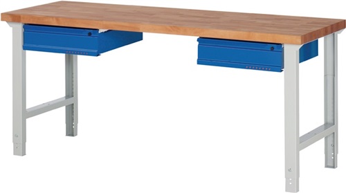 PROMAT Werkbank Ser.BK 650 B2000xT700xH790-1140mm Buche massiv lichtgrau/blau 2 Schubl.