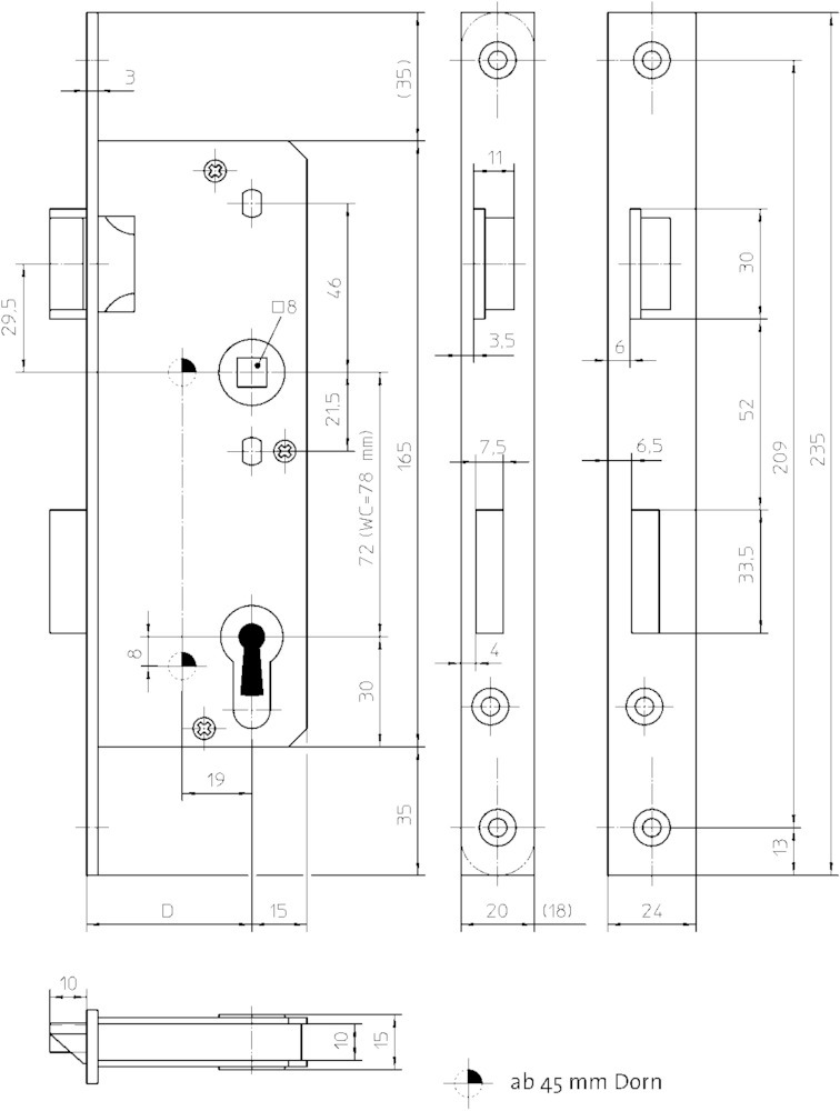 KFV Glastüreinsteckschloss SSP 521-1/2, Stahl 3370250