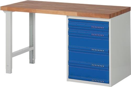PROMAT Werkbank Ser.BK 650 B1500xT700xH840mm Buche massiv lichtgrau/blau 5 Schubl.