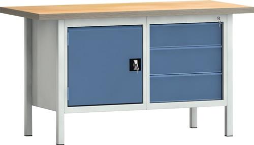 KLW Werkbank PW 700 B1500xT700xH840mm Buche Multiplex grau/brillantblau 3Schubl.1Tür