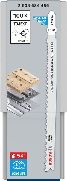 BOSCH Stichsägeblatt T 345 XF Progressor for Wood and Metal, 100er-Pack