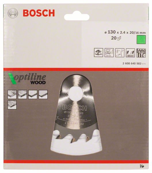 BOSCH Kreissägeblatt Optiline Wood für Handkreissägen, 130 x 20/16 x 2,4 mm, 20