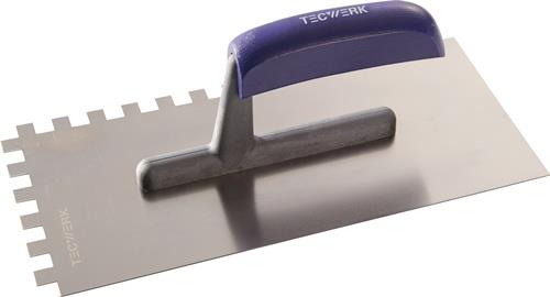 TECWERK Glättekelle L.280mm B.130mm Zahn 10x10 rostfr.H-Heft VA S.0,7mm TECWERK
