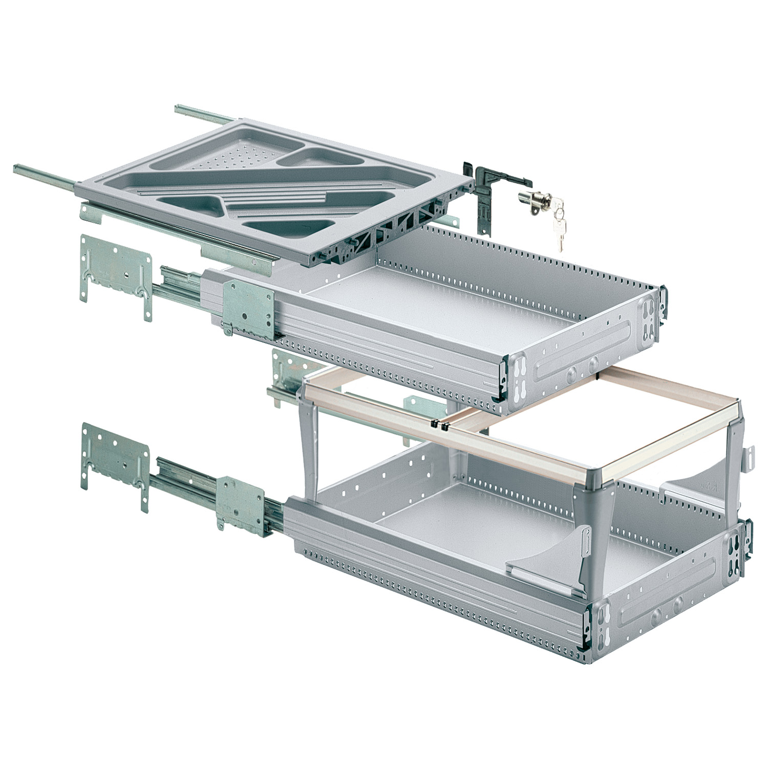 HETTICH Container-Set mit Voll- und Überauszügen, Push to open, 392 x 530, Aluminium Optik, 9111142