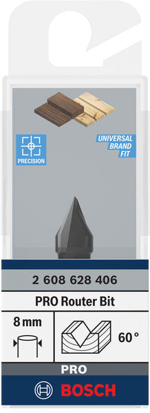 BOSCH V-Nutfräser Standard for Wood mit 8 mm Schaft, D1 11 mm, L 14 mm, G 45 mm, 60°