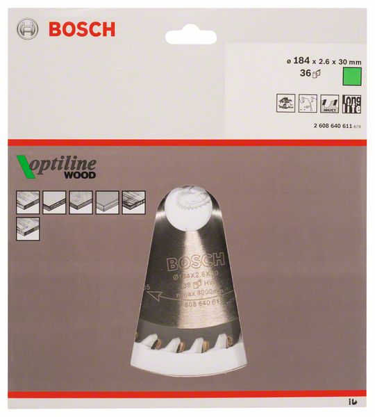 BOSCH Kreissägeblatt Optiline Wood für Handkreissägen, 184 x 30 x 2,6 mm, 36
