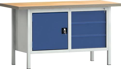 KLW-LUTZ BETRIEBSEINRICHTUNGEN Werkbank PW 700 B1500xT700xH840mm Buche Multiplex lichtgrau/blau 3 Schubl.1 Tür