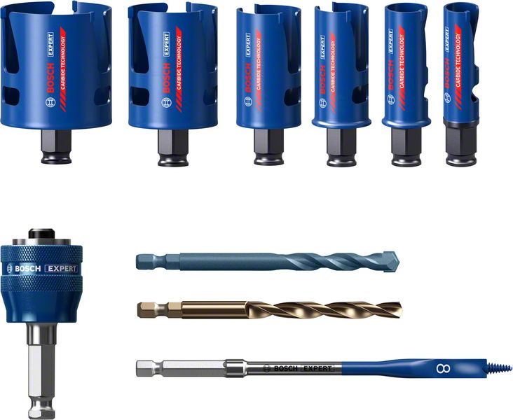 BOSCH EXPERT Construction Material Lochsäge-Set 20/25/32/38/51/64 mm, 10-tlg.. Für Dreh- und Schlagbohrer BOSCH EXPERT Construction Material Lochsäge-Set 20/25/32/38/51/64 mm, 10-tlg.. Für Dreh- und Schlagbohrer
