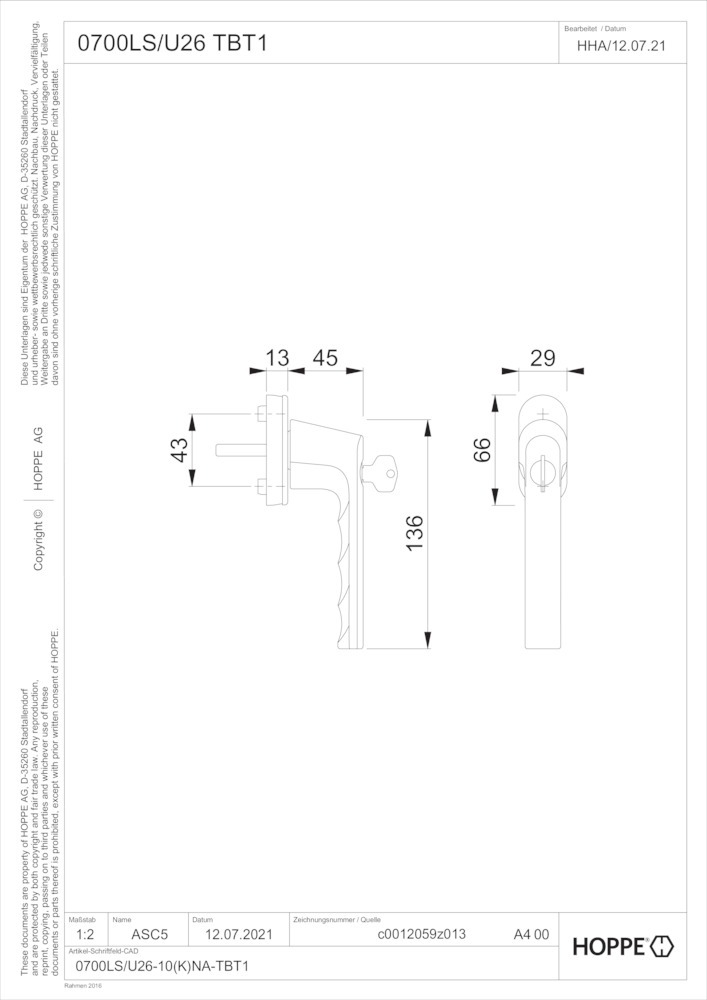 HOPPE® Fenstergriff abschließbar Hamburg 0700LS/U26 TBT1, mit Schrauben, Aluminium, 11950717