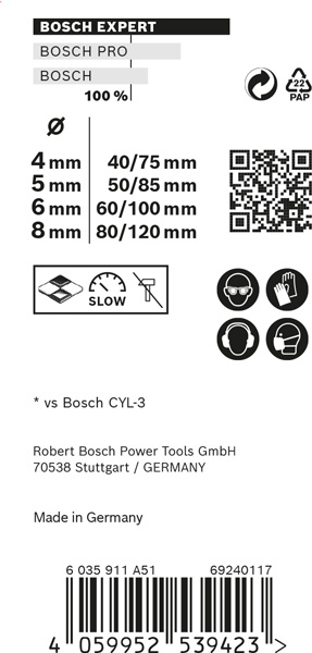 BOSCH EXPERT MultiConstruction CYL-9 Bohrer-Set, 4/5/6/8 mm, 4-tlg.. Für Dreh- und Schlagbohrer
