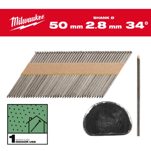 7,4 x 2,8 x 50 mm, Glattschaft Stahl blank, 34° D-Kopf-Nägel für M18FFN