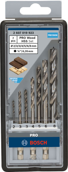BOSCH Holzspiralbohrer-Set Robust Line, 1/4 Zoll-Sechskantschaft, 7-teilig, 2 - 8 mm