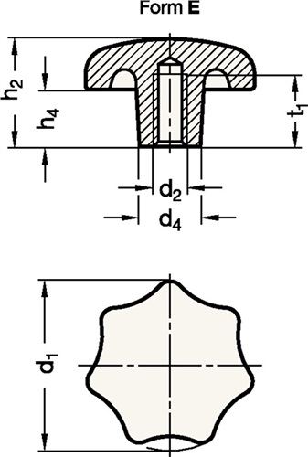 GANTER Sterngriff DIN 6336 m.Gewindebuchse Ku.d1 40mm d2 M 8mm