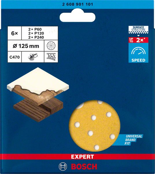 BOSCH EXPERT C470 Schleifpapier-Set für Exzenterschleifer, 125 mm, Mehrloch, G 60/120/240, 6-tlg.. Für Exzenterschleifer