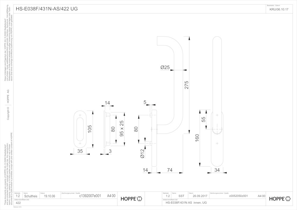 HOPPE® Handhebelgarnitur Paris HS-E038F-25/431N-AS/422, Edelstahl, 11630899