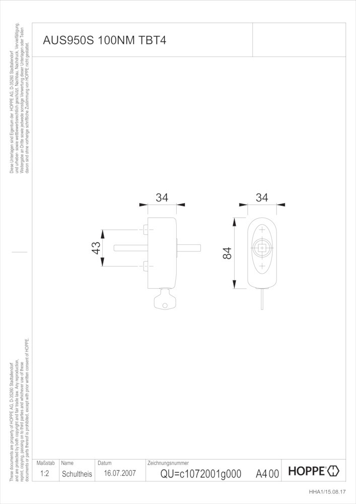 HOPPE® Fenstergriffrosette abschliessbar AUS950S 100NM TBT4, Aluminium, 11677946