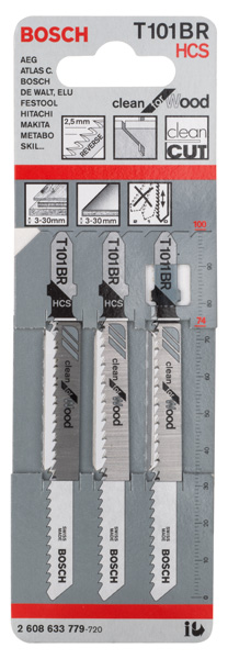 BOSCH Stichsägeblatt T 101 BR Clean for Wood, 3er-Pack