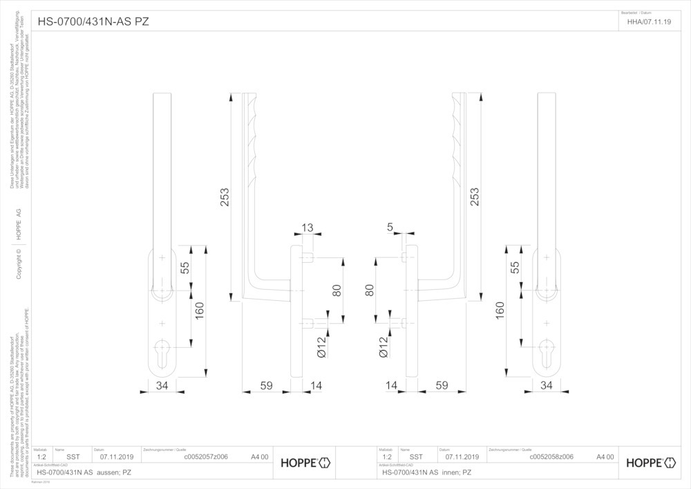 HOPPE® Handhebelgarnitur Hamburg HS-0700/431N-AS, Aluminium HOPPE® Handhebelgarnitur Hamburg HS-0700/431N-AS, Aluminium