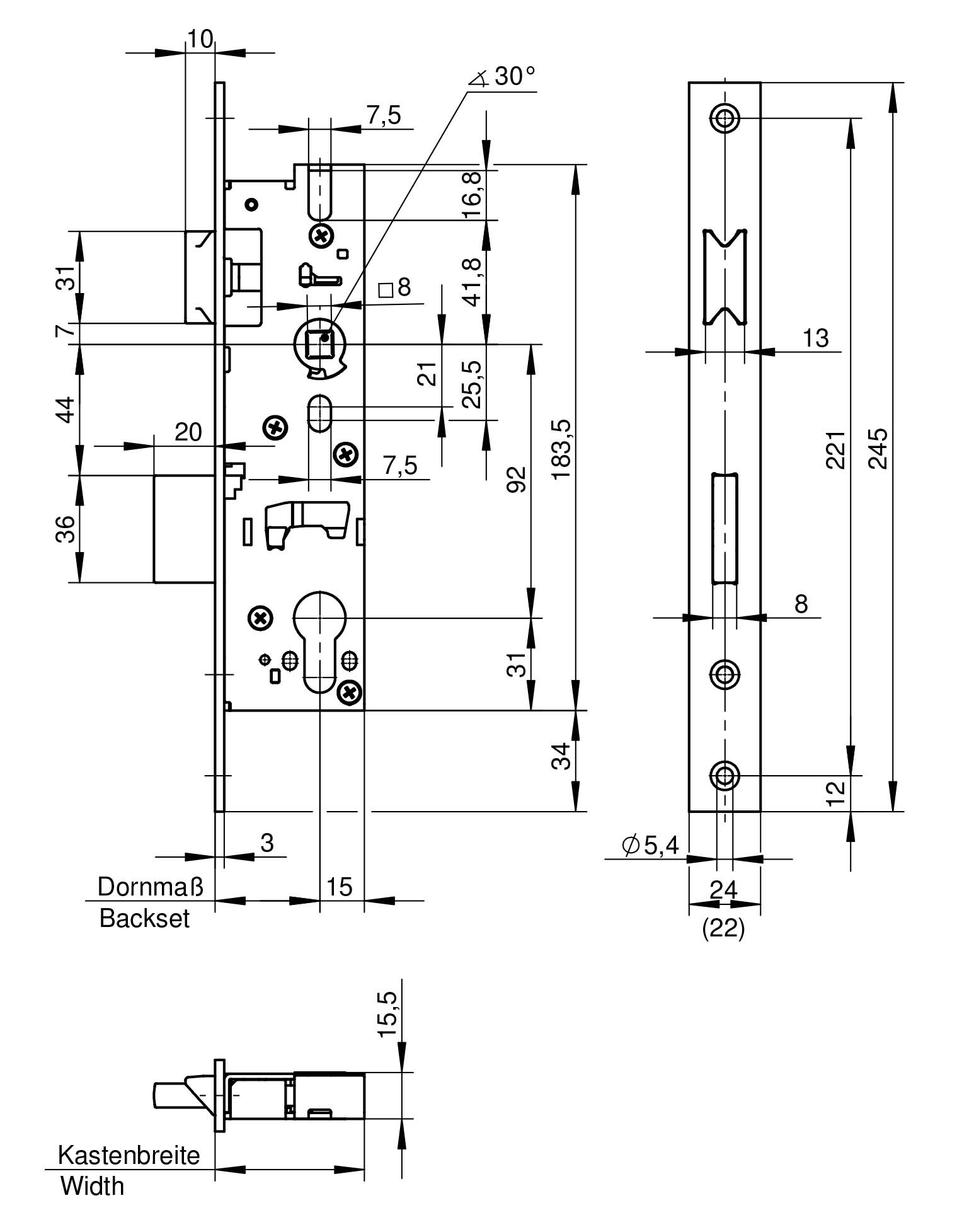 WILKA 1438 Fallen-Riegel-Einsteckschloss 24x6x2x245