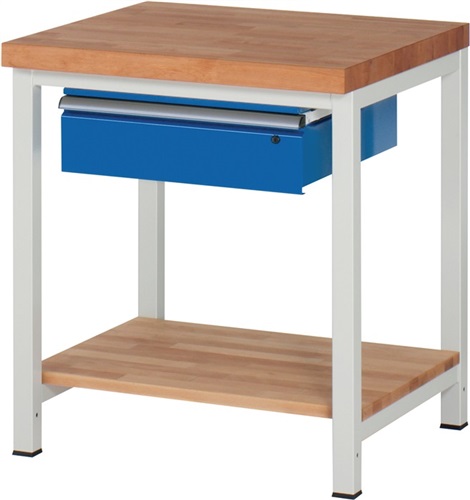 RAU Werkbank Classic B750xT700xH840mm Buche massiv lichtgrau enzianblau 1Schubl.1BD